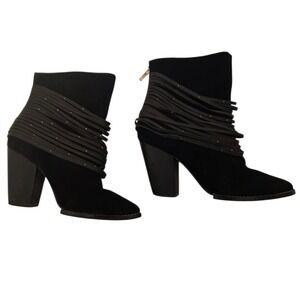 Kelsi Dagger Black Suede Fringe Ankle Boots Block‎ Heel Zip Size 6.5